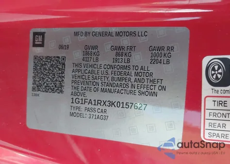 2019 Chevrolet Camaro 1Lt из США, поврежденный, VIN 1G1FA1RX3K0157627